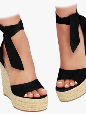 Womens Wedges Sandals Heels Open Toe Tie Lace Up Platform Ankle Strap